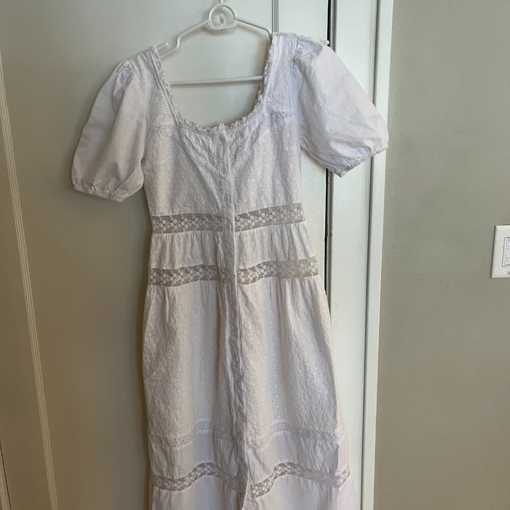 Puff-sleeve, midi, white dress with delicate details